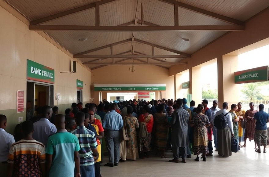 Before — A single line for every transaction type, with the wait piling up at the entrance.